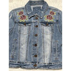 Odyn Distressed Denim Jean Jacket Embroidered Womens Large Floral Roses Details